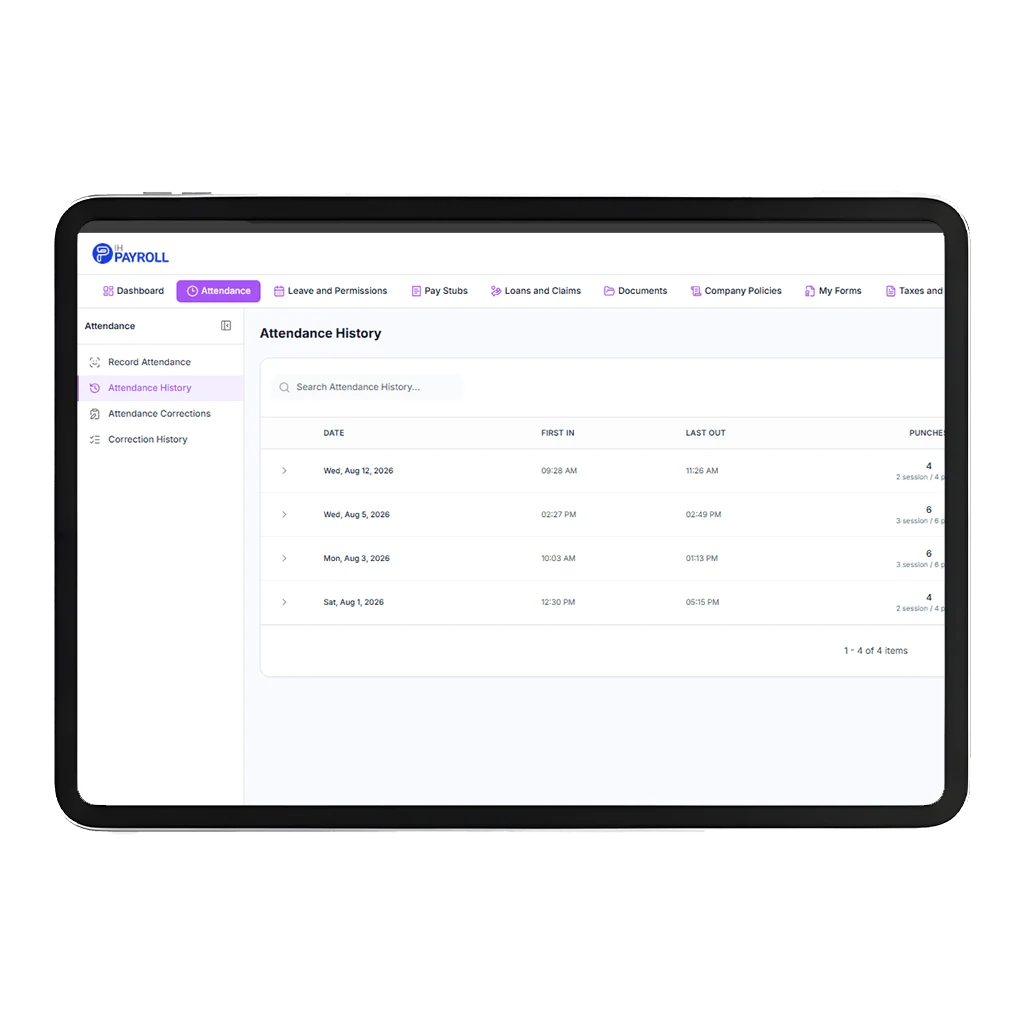 IHPAYROLL attendance dashboard
