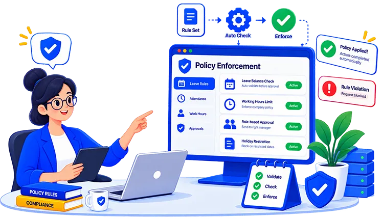 Automated policy enforcement for leave eligibility in IHPAYROLL leave tracking software
